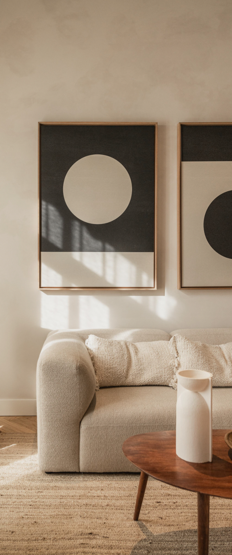 Calm, sunlit sitting room with soft natural textures